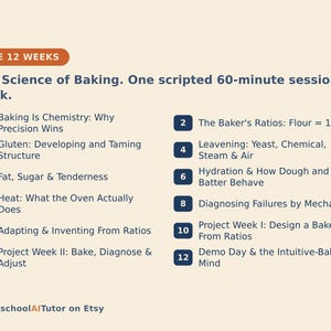 Op de afbeelding: Een curriculum getiteld The 12 Weeks: The Science of Baking, met een wekelijks schema van sessies van 60 minuten. De lijst bevat twaalf genummerde onderwerpen over bakchemie, verhoudingen, gluten, rijsmiddelen, vet, suiker, hydratatie, hitte, foutdiagnose en bakprojecten. Donkerblauwe tekst op een lichtcr&egrave;me achtergrond.