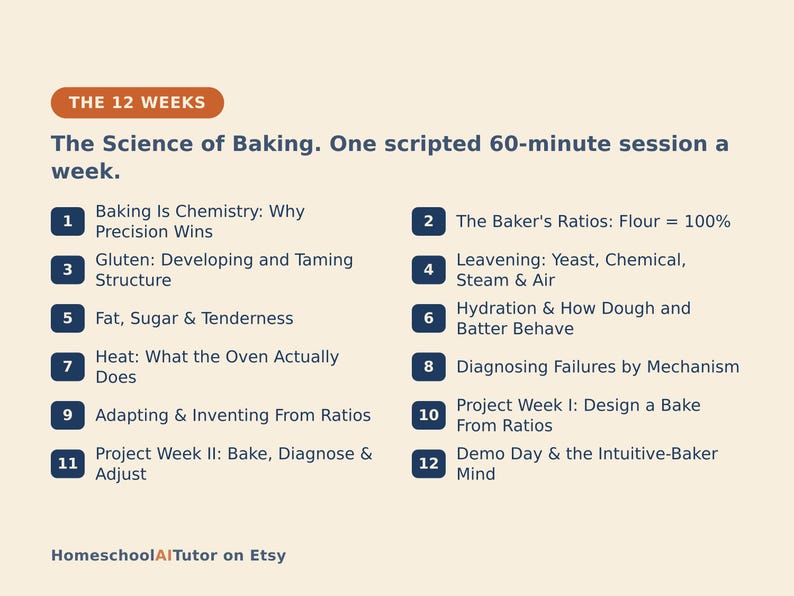 Op de afbeelding: Een curriculum getiteld The 12 Weeks: The Science of Baking, met een wekelijks schema van sessies van 60 minuten. De lijst bevat twaalf genummerde onderwerpen over bakchemie, verhoudingen, gluten, rijsmiddelen, vet, suiker, hydratatie, hitte, foutdiagnose en bakprojecten. Donkerblauwe tekst op een lichtcr&egrave;me achtergrond.