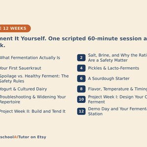 May include: A light beige informational graphic titled THE 12 WEEKS Ferment It Yourself. One scripted 60-minute session a week. It lists twelve numbered dark blue rectangular bullet points detailing fermentation topics from week one to twelve.