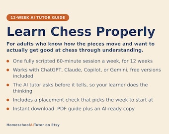 Learn Chess Strategy for Adults, 12-Week AI Tutor Course, Openings, Tactics, Endgames for Beginner Players, PDF
