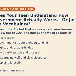 May include: A beige informational graphic with dark blue text titled Does Your Teen Understand How Government Actually Works - Or Just the Vocabulary? It describes a 15-minute AI chat that scores government knowledge and lists five key focus areas.