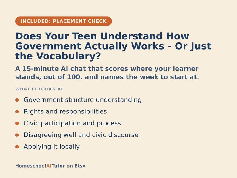 May include: A beige informational graphic with dark blue text titled Does Your Teen Understand How Government Actually Works - Or Just the Vocabulary? It describes a 15-minute AI chat that scores government knowledge and lists five key focus areas.