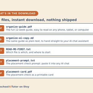May include: A digital download list featuring five files: organize-guide.pdf, organize-ai-copy.md, READ-ME-FIRST.txt, placement-prompt.txt, and placement-card.pdf. Each entry includes a file type icon and a brief description of its contents.