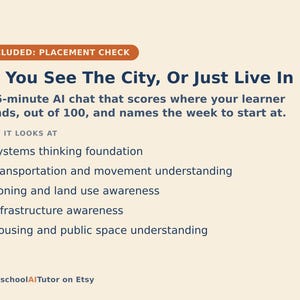 May include: An informational graphic titled Do You See The City, Or Just Live In It? describing a 15-minute AI chat placement check. It lists five focus areas: systems thinking, transportation, zoning, infrastructure, and housing public space.