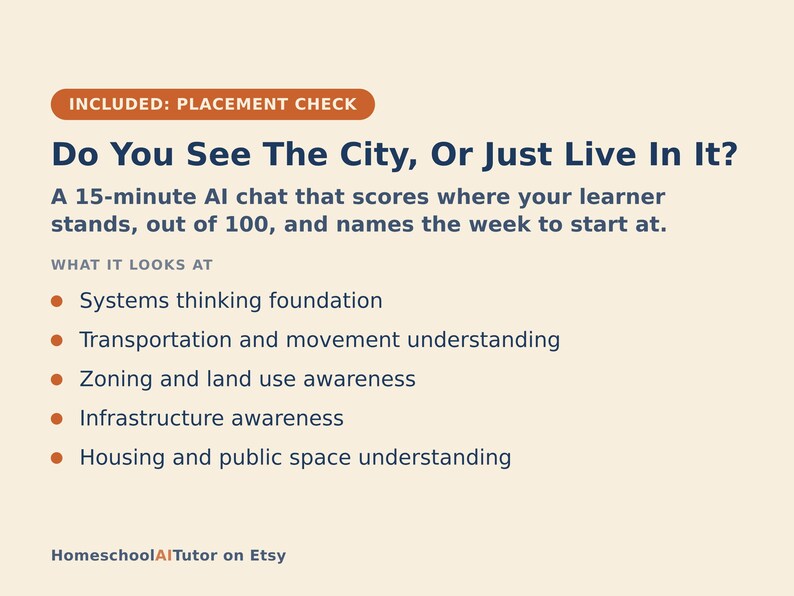 May include: An informational graphic titled Do You See The City, Or Just Live In It? describing a 15-minute AI chat placement check. It lists five focus areas: systems thinking, transportation, zoning, infrastructure, and housing public space.