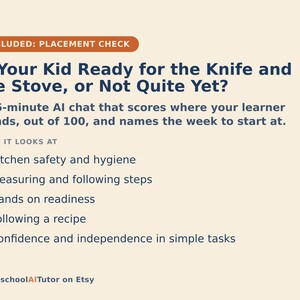 Op de afbeelding: Een beige informatieve afbeelding met de titel Is Your Kid Ready for the Knife and the Stove, or Not Quite Yet? Het beschrijft een AI-chat van 15 minuten die keukerveiligheid, meten, stappen, vaardigheden, recepten en zelfstandigheid beoordeelt.