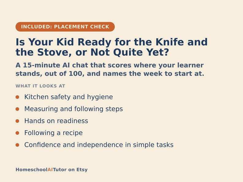 Op de afbeelding: Een beige informatieve afbeelding met de titel Is Your Kid Ready for the Knife and the Stove, or Not Quite Yet? Het beschrijft een AI-chat van 15 minuten die keukerveiligheid, meten, stappen, vaardigheden, recepten en zelfstandigheid beoordeelt.