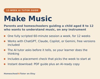 Homeschool Music Curriculum, 12-Week AI Tutor Guide, Rhythm, Melody and Composing for Kids, Any Instrument, Ages 8 to 12, PDF