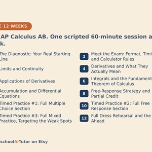 Puede incluir: Un plan de estudio de 12 semanas para AP Calculus AB que presenta una lista de 12 sesiones semanales. Los temas incluyen diagn&oacute;stico, l&iacute;mites, continuidad, derivadas, integrales y ex&aacute;menes de pr&aacute;ctica cronometrados para la preparaci&oacute;n.