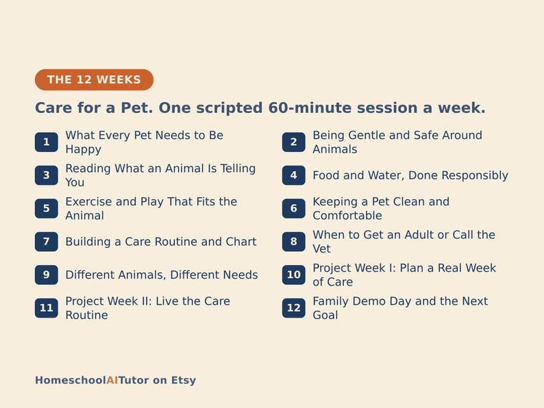 May include: A 12-week pet care curriculum graphic with a cream background and dark blue text. It lists 12 weekly sessions including topics like pet happiness, safety, animal communication, nutrition, hygiene, routine building, and veterinary care.