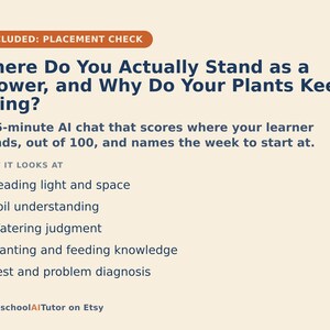 May include: A beige informational graphic titled Where Do You Actually Stand as a Grower, and Why Do Your Plants Keep Dying? It describes a 15-minute AI chat that scores learner knowledge on reading light, soil, watering, planting, and pest diagnosis.
