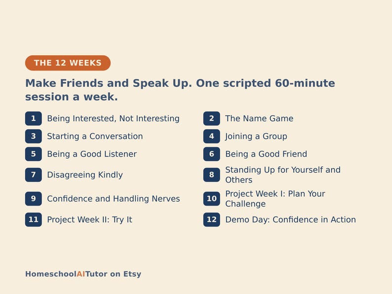 Puede incluir: Un plan de estudios titulado The 12 Weeks: Make Friends and Speak Up. One scripted 60-minute session a week. La lista incluye doce temas numerados: Being Interested, The Name Game, Starting a Conversation, Joining a Group y otros.
