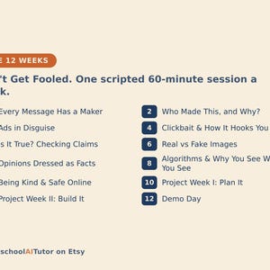 May include: A curriculum outline titled THE 12 WEEKS, Don't Get Fooled. One scripted 60-minute session a week. It lists twelve numbered topics including Every Message Has a Maker, Ads in Disguise, Real vs Fake Images, and Demo Day. HomeschoolAITutor on Etsy.