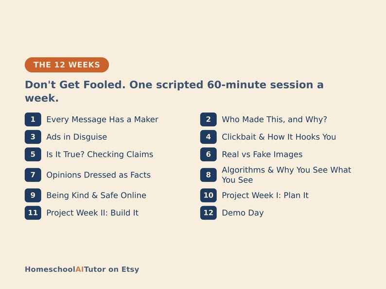 May include: A curriculum outline titled THE 12 WEEKS, Don't Get Fooled. One scripted 60-minute session a week. It lists twelve numbered topics including Every Message Has a Maker, Ads in Disguise, Real vs Fake Images, and Demo Day. HomeschoolAITutor on Etsy.