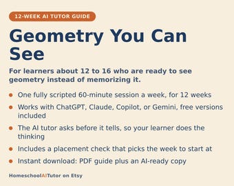 Lesmateriaal meetkunde voor thuisonderwijs, 12 weken durende handleiding met AI-tutor voor tieners van 12-16 jaar, hoeken, oppervlakte, driehoeken, cirkels, volume, PDF