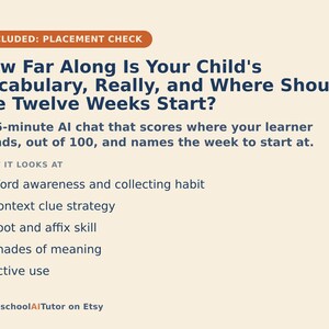 May include: An informational graphic with dark blue text on a light background titled How Far Along Is Your Child's Vocabulary, Really, and Where Should the Twelve Weeks Start? It describes a 15-minute AI chat that scores vocabulary skills.