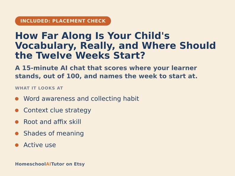 May include: An informational graphic with dark blue text on a light background titled How Far Along Is Your Child's Vocabulary, Really, and Where Should the Twelve Weeks Start? It describes a 15-minute AI chat that scores vocabulary skills.