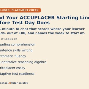 Pode incluir: Um gr&aacute;fico informativo bege claro com texto azul escuro intitulado Find Your ACCUPLACER Starting Line Before Test Day Does. Descreve um chat de IA de 15 minutos que avalia os alunos numa escala de 100, cobrindo leitura, escrita e matem&aacute;tica.