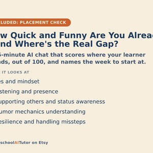 May include: An informational graphic with a cream background and dark blue text titled How Quick and Funny Are You Already - And Where's the Real Gap? It describes a 15-minute AI chat that scores learners and lists five key assessment areas.