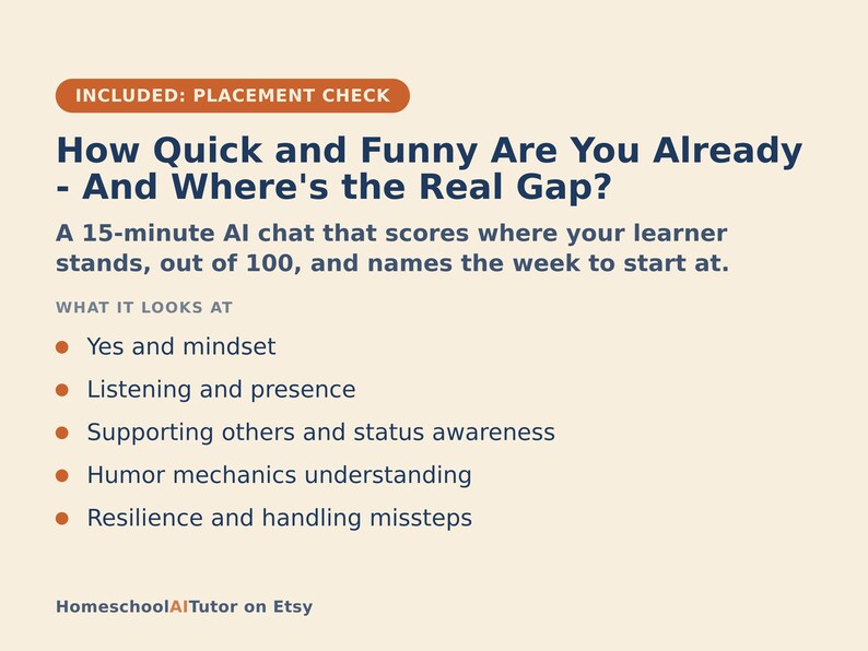 May include: An informational graphic with a cream background and dark blue text titled How Quick and Funny Are You Already - And Where's the Real Gap? It describes a 15-minute AI chat that scores learners and lists five key assessment areas.