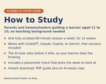 Study Skills for Kids and Teens, 12-Week AI Tutor Guide, Note Taking, Test Prep and Procrastination, Ages 11 to 15, PDF