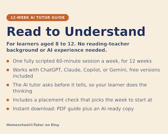 Curriculum voor leesbegrip voor thuisonderwijs, 12 weken durende handleiding met AI-tutor voor kinderen van 8-12 jaar, lessen in kritisch denken bij het lezen, PDF