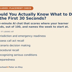 May include: A beige informational graphic titled Would You Actually Know What to Do in the First 30 Seconds? It describes a 15-minute AI chat for learner assessment, listing topics like jurisdiction, emergency readiness, and scenario decision making.