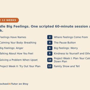May include: A digital educational chart titled The 12 Weeks: Handle Big Feelings. One scripted 60-minute session a week. It lists twelve numbered topics including Feelings Have Names, Calming Your Body, Anger, Worry, and Kindness to Yourself and Others.