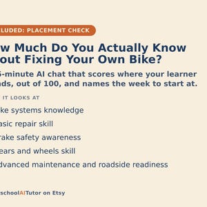 Puede incluir: Un gr&aacute;fico informativo beige titulado How Much Do You Actually Know About Fixing Your Own Bike? Describe un chat de IA de 15 minutos que eval&uacute;a conocimientos de reparaci&oacute;n de bicicletas, incluyendo sistemas, reparaciones, frenos, marchas y mantenimiento.