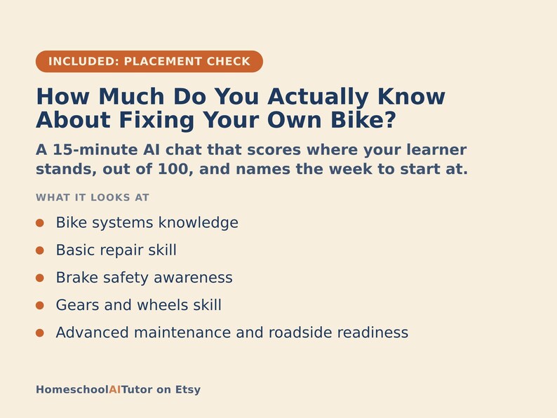 Puede incluir: Un gr&aacute;fico informativo beige titulado How Much Do You Actually Know About Fixing Your Own Bike? Describe un chat de IA de 15 minutos que eval&uacute;a conocimientos de reparaci&oacute;n de bicicletas, incluyendo sistemas, reparaciones, frenos, marchas y mantenimiento.