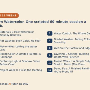 Watercolor for Beginners, 12-Week AI Tutor Guide, Washes, Wet on Wet, Color Mixing and Layering, Adults, PDF bild 3