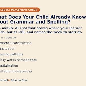 May include: A beige informational graphic titled What Does Your Child Already Know About Grammar and Spelling? It describes a 15-minute AI chat assessment covering sentence construction, punctuation, spelling patterns, homophones, capitalization, and self-editing.