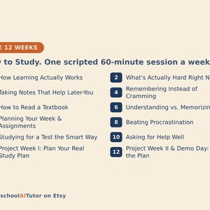 Puede incluir: Una gu&iacute;a de estudio titulada THE 12 WEEKS, How to Study. One scripted 60-minute session a week. Enumera doce temas numerados, incluidos How Learning Actually Works, Remembering Instead of Cramming y Project Week II & Demo Day.