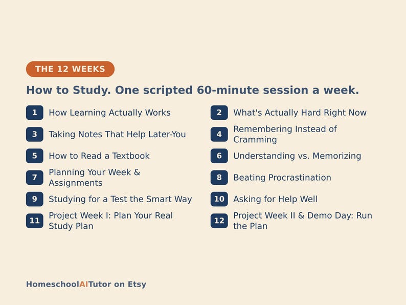 Puede incluir: Una gu&iacute;a de estudio titulada THE 12 WEEKS, How to Study. One scripted 60-minute session a week. Enumera doce temas numerados, incluidos How Learning Actually Works, Remembering Instead of Cramming y Project Week II & Demo Day.
