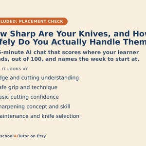 May include: A beige informational graphic titled How Sharp Are Your Knives, and How Safely Do You Actually Handle Them? It describes a 15-minute AI chat covering edge understanding, safe grip, cutting confidence, sharpening skills, and maintenance.