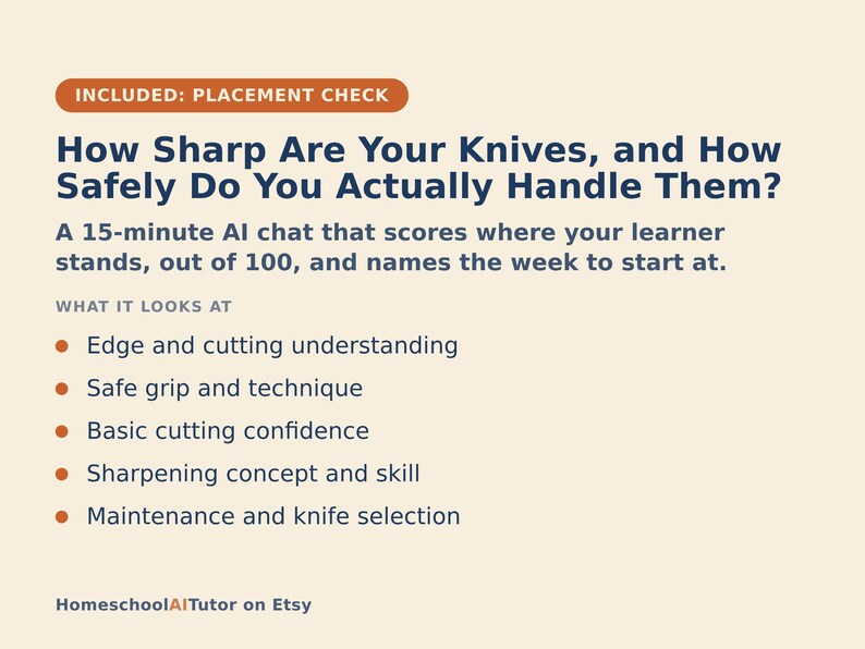 May include: A beige informational graphic titled How Sharp Are Your Knives, and How Safely Do You Actually Handle Them? It describes a 15-minute AI chat covering edge understanding, safe grip, cutting confidence, sharpening skills, and maintenance.