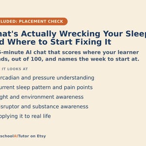May include: A beige informational graphic titled What's Actually Wrecking Your Sleep, and Where to Start Fixing It. It describes a 15-minute AI chat that scores sleep habits and lists focus areas including circadian understanding, sleep patterns, and light awareness.