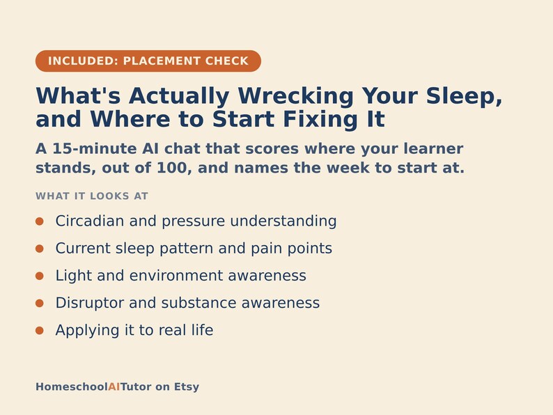 May include: A beige informational graphic titled What's Actually Wrecking Your Sleep, and Where to Start Fixing It. It describes a 15-minute AI chat that scores sleep habits and lists focus areas including circadian understanding, sleep patterns, and light awareness.