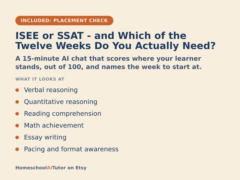 May include: An informational graphic with dark blue text on a light cream background. It reads: ISEE or SSAT - and Which of the Twelve Weeks Do You Actually Need? A 15-minute AI chat that scores where your learner stands, out of 100, and names the week to start at. It lists verbal reasoning, quantitative reasoning, reading comprehension, math achievement, essay writing, and pacing and format awareness.