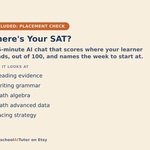 Pu&ograve; includere: Una grafica digitale con sfondo color crema che presenta il testo INCLUDED: PLACEMENT CHECK, Where's Your SAT?, e una descrizione di una chat AI di 15 minuti. Elenca Reading evidence, Writing grammar, Math algebra, Math advanced data e Pacing strategy.