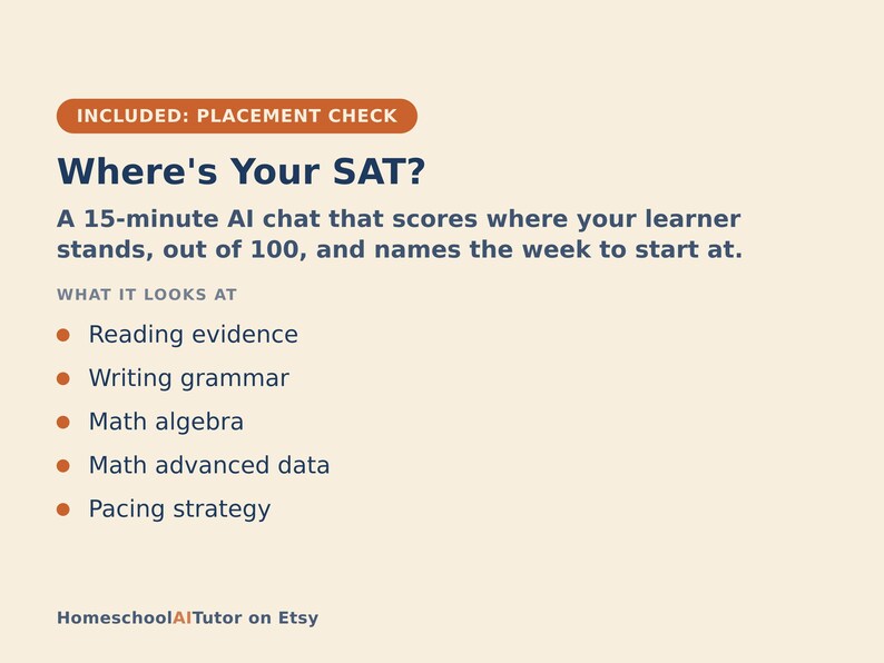 Pu&ograve; includere: Una grafica digitale con sfondo color crema che presenta il testo INCLUDED: PLACEMENT CHECK, Where's Your SAT?, e una descrizione di una chat AI di 15 minuti. Elenca Reading evidence, Writing grammar, Math algebra, Math advanced data e Pacing strategy.