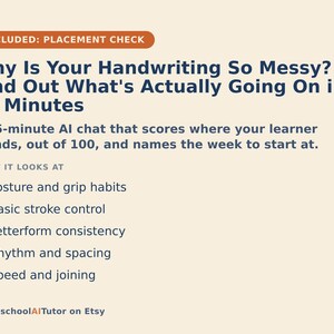 May include: A light beige informational graphic with dark blue text titled Why Is Your Handwriting So Messy? Find Out What's Actually Going On in 15 Minutes. It describes a 15-minute AI chat evaluating posture, grip, stroke, consistency, rhythm, and speed.