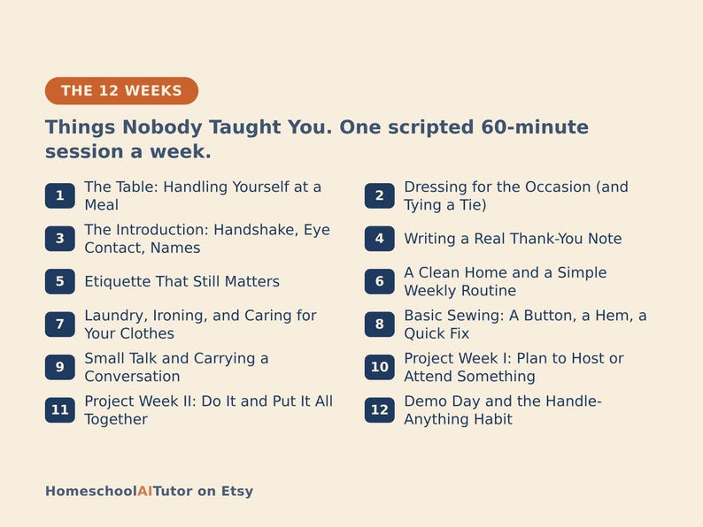 K&ouml;nnte beinhalten: Ein Lehrplan mit dem Titel THE 12 WEEKS: Things Nobody Taught You. One scripted 60-minute session a week. Er listet zw&ouml;lf nummerierte Themen auf, darunter Tischmanieren, Kleidung, Vorstellungen, Dankeskarten, Etikette, Hausarbeit, W&auml;sche, N&auml;hen, Konversation und Gastgeberrollen.