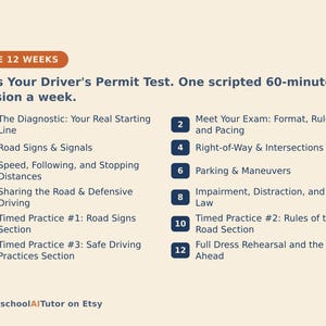 May include: A twelve-week driver's permit test study plan titled THE 12 WEEKS. It lists twelve weekly sessions including topics like road signs, right-of-way, parking, and timed practice sections. The text is organised in two columns with numbered dark blue icons.