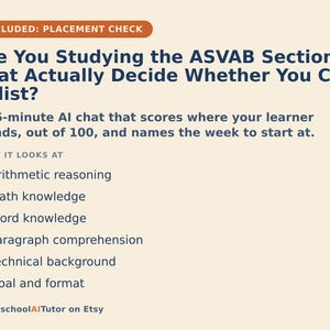 May include: A light beige informational graphic with dark blue text titled Are You Studying the ASVAB Sections That Actually Decide Whether You Can Enlist? It describes a 15-minute AI chat covering arithmetic reasoning, math, word knowledge, and more.