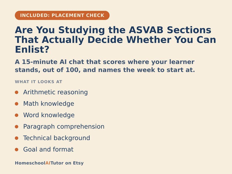 May include: A light beige informational graphic with dark blue text titled Are You Studying the ASVAB Sections That Actually Decide Whether You Can Enlist? It describes a 15-minute AI chat covering arithmetic reasoning, math, word knowledge, and more.