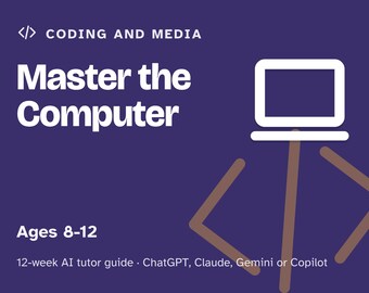 Peut inclure: Un guide éducatif violet foncé intitulé Coding and Media Master the Computer pour les 8-12 ans. Il présente une icône d'ordinateur portable blanche au-dessus d'un symbole de crochet de code marron et mentionne un guide de tutorat IA de 12 semaines.