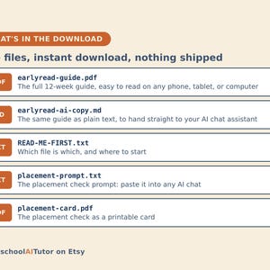 May include: A digital download list featuring five files: earlyread-guide.pdf, earlyread-ai-copy.md, READ-ME-FIRST.txt, placement-prompt.txt, and placement-card.pdf. The text includes descriptions for each file and the title HomeschoolAITutor on Etsy.