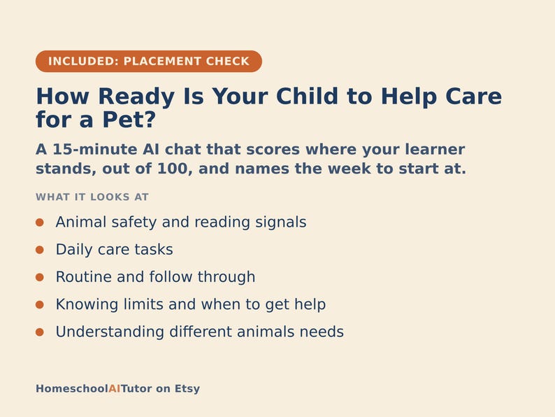 May include: A digital informational graphic with a cream background and dark blue text titled How Ready Is Your Child to Help Care for a Pet? It describes a 15-minute AI chat that scores readiness out of 100 and lists five key assessment areas.