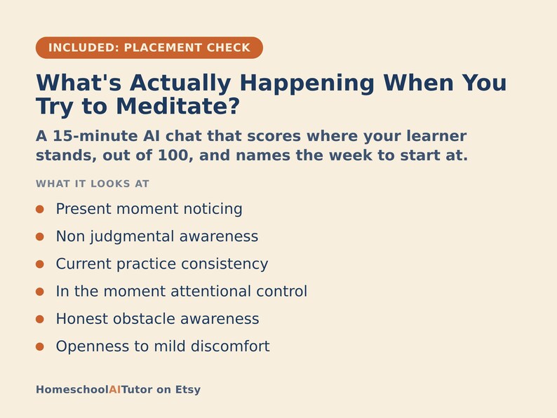 K&ouml;nnte beinhalten: Eine hellbeige Infografik mit dem Titel What's Actually Happening When You Try to Meditate? Sie beschreibt einen 15-min&uuml;tigen KI-Chat, der Meditationsfortschritte auf einer Skala bis 100 bewertet. Sechs Fokusbereiche wie Achtsamkeit werden aufgelistet.